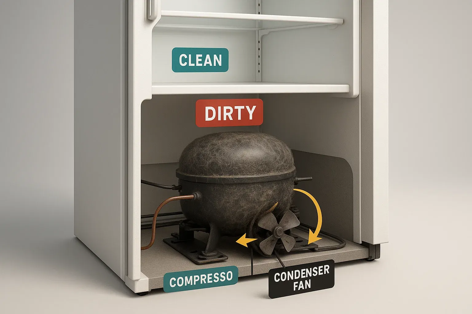 3D cutaway diagram of refrigerator showing dusty compressor and condenser fan with bent blades and airflow arrows.
