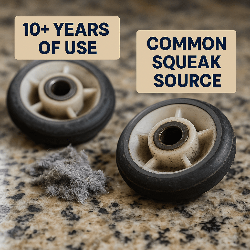 Close-up of worn dryer drum rollers on granite countertop with lint, labeled “10+ Years of Use” and “Common Squeak Source”.