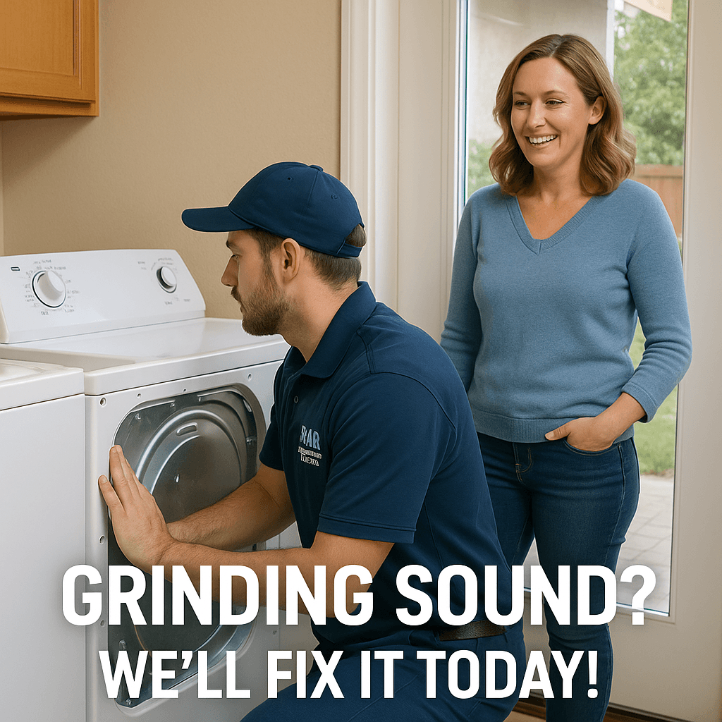 Technician from Fair Appliance Repair inspecting back panel of a dryer in a suburban Sacramento home while relieved homeowner looks on.