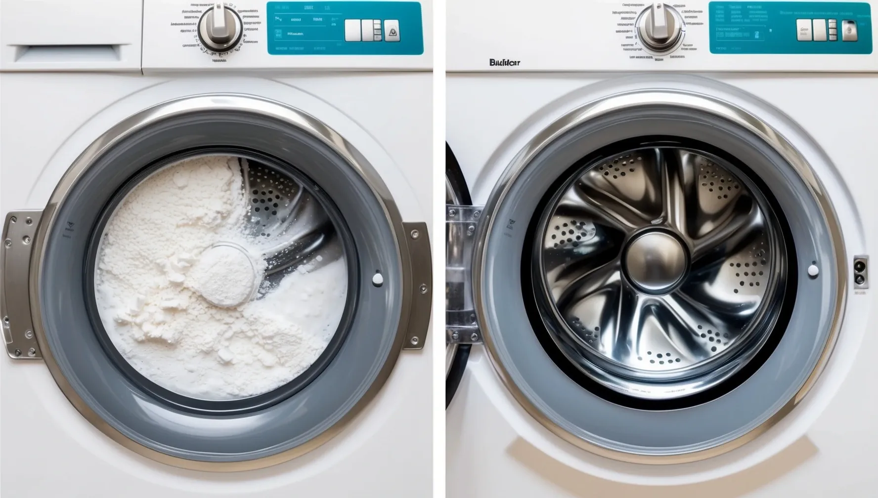Before and after images of washing machine components cleaned with descaling products