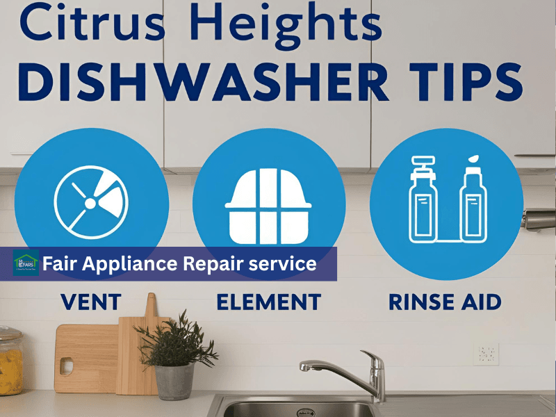 Infographic showing dishwasher drying troubleshooting tips for Citrus Heights homes, featuring heating element and vent checks.