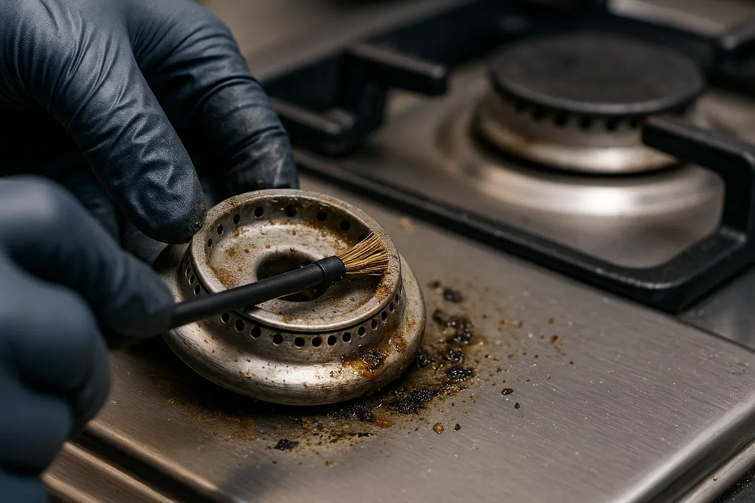 Cleaning clogged gas burner ports to fix orange flame.  Drag