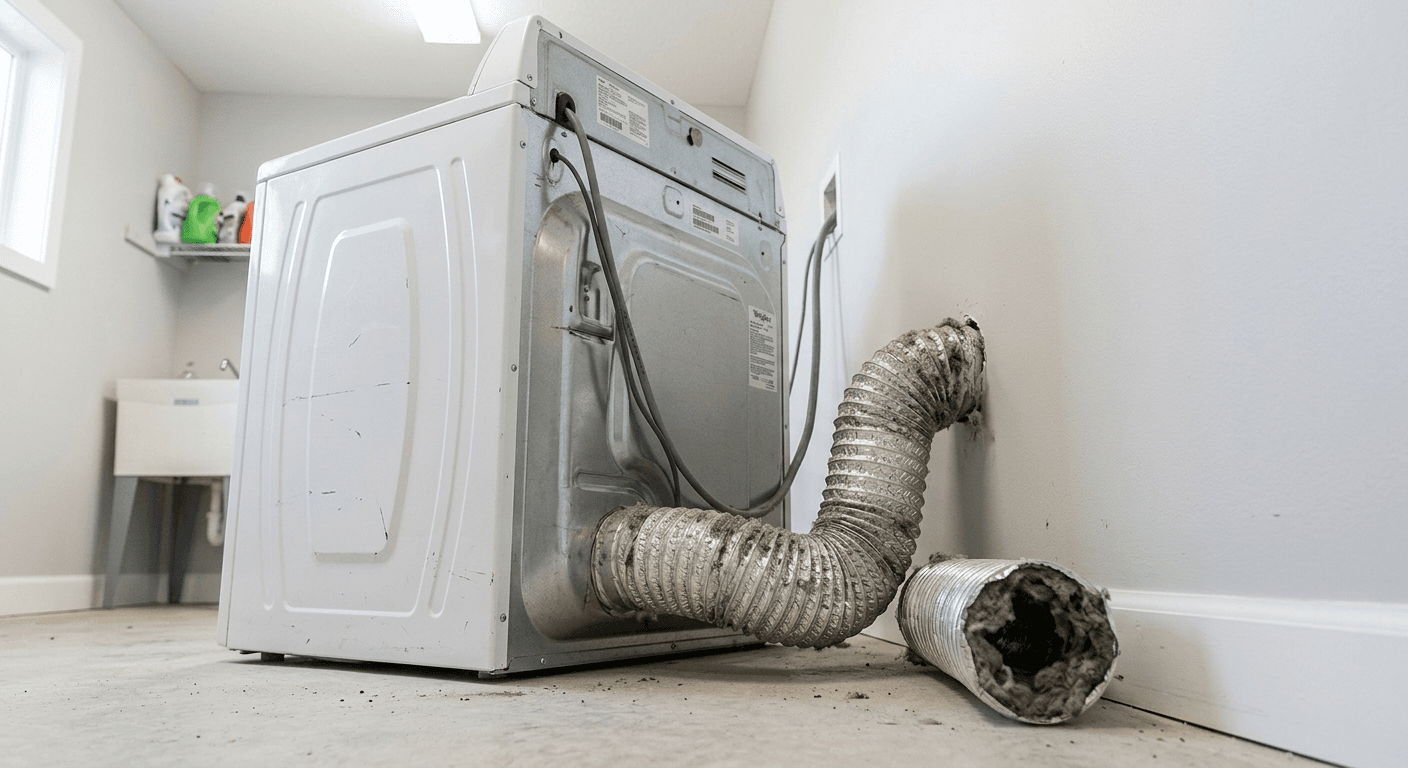 Clogged dryer vent hose with lint buildup behind a residential dryer in Sacramento Valley home