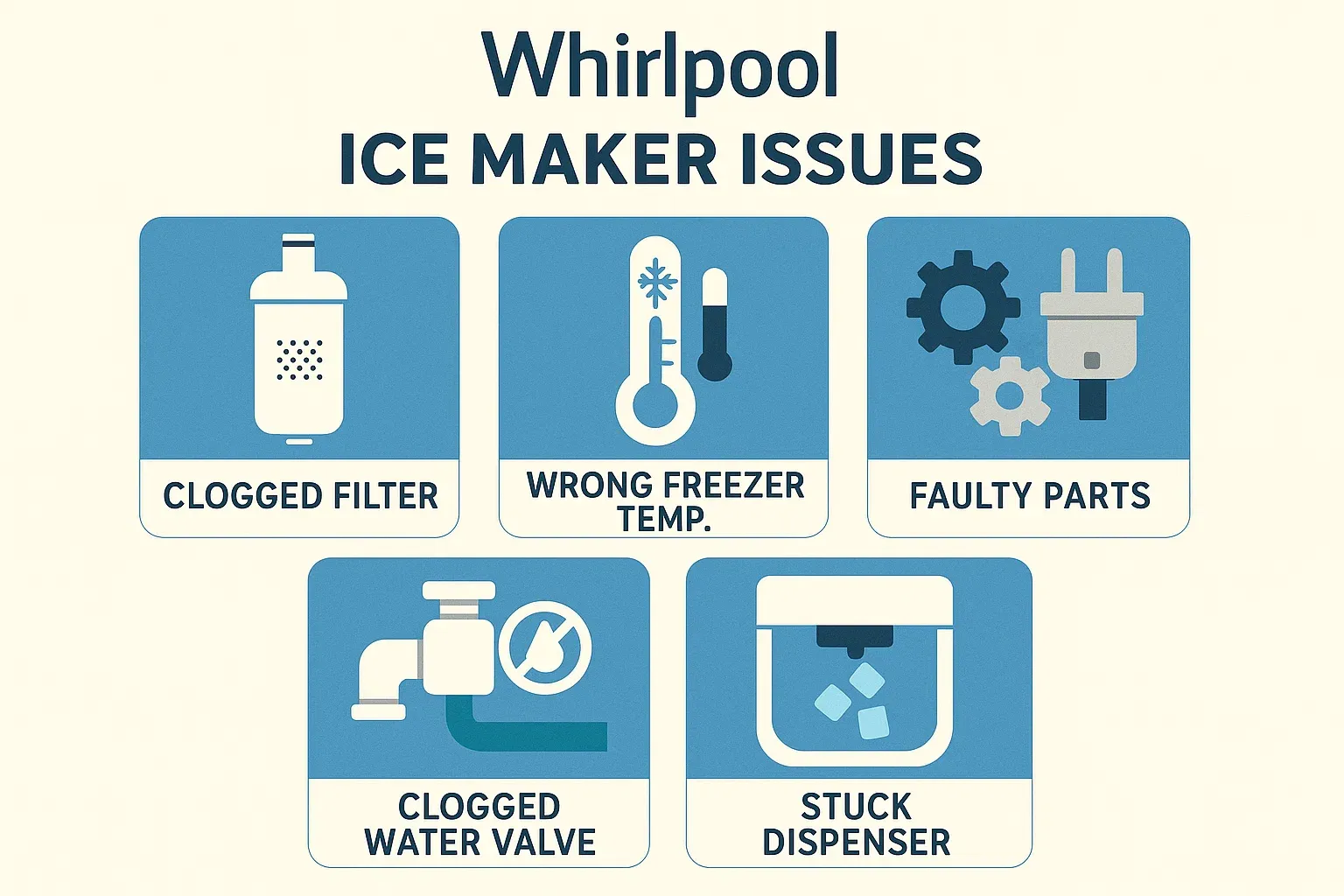 Common Whirlpool refrigerator ice maker problems illustrated.