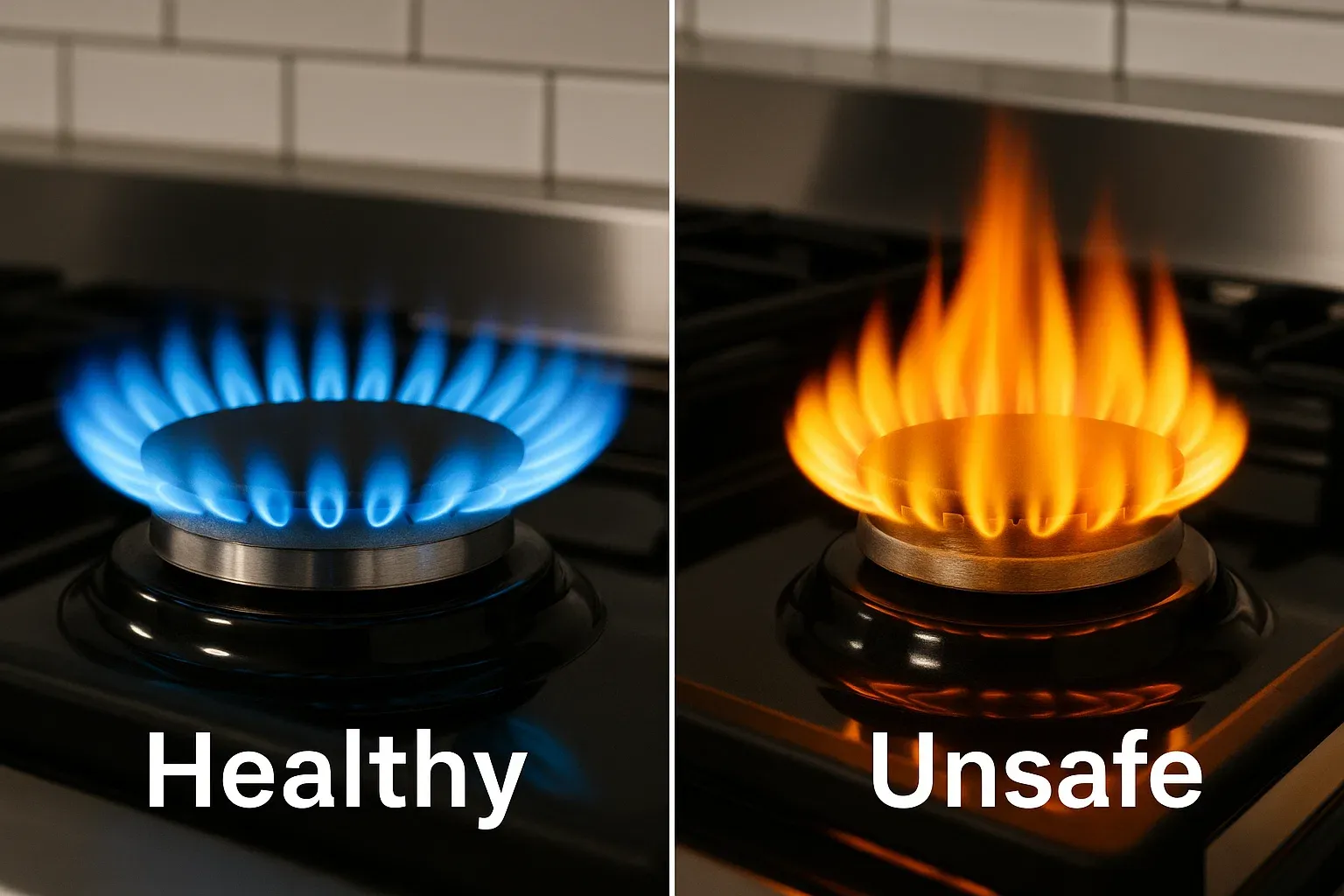 Comparison of blue flame vs orange flame on a gas stove.