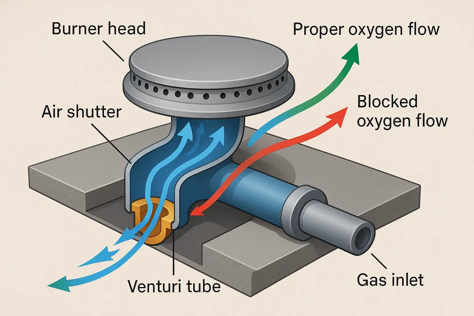 Diagram showing how air shutter adjustment affects flame color.