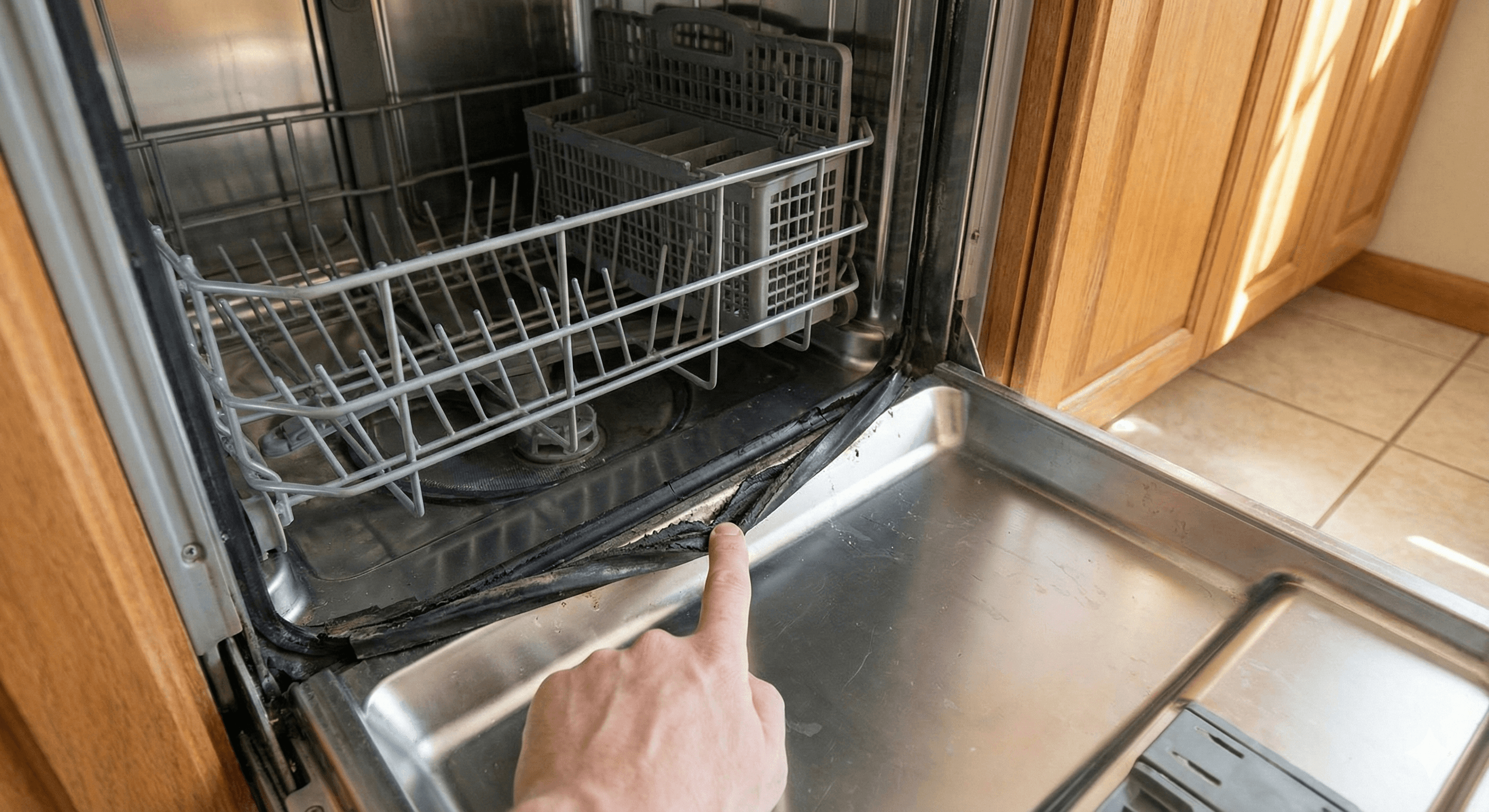 A close-up view of an open dishwasher door, showing a hand pointing to a torn and cracked black rubber gasket lining the bottom of the tub