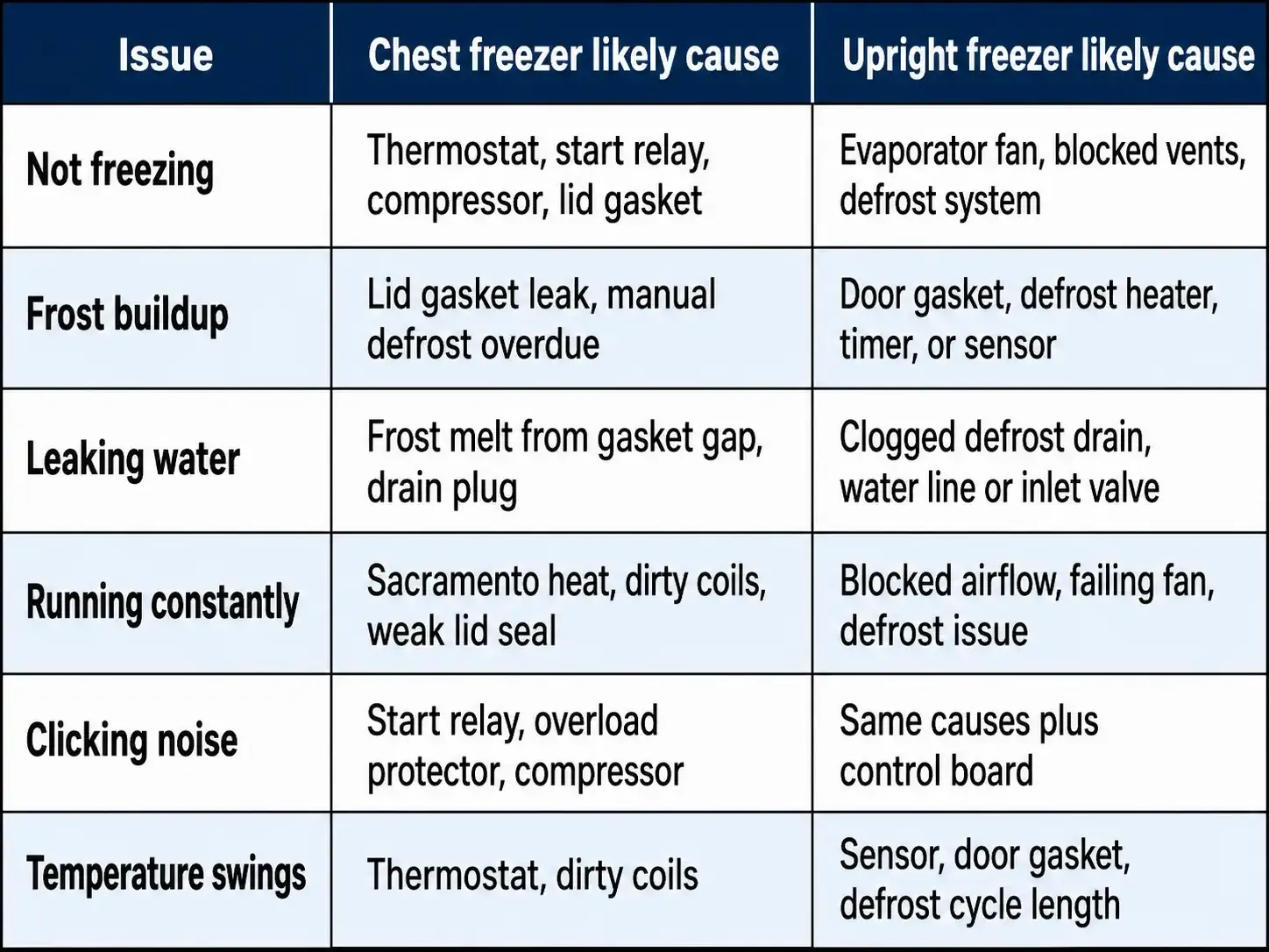 Freezer type vs. common failure points.