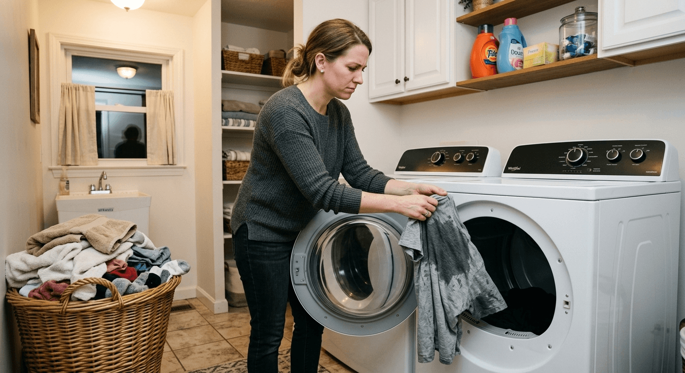Homeowner pulling damp clothes from a dryer that stopped heating in a Roseville laundry room