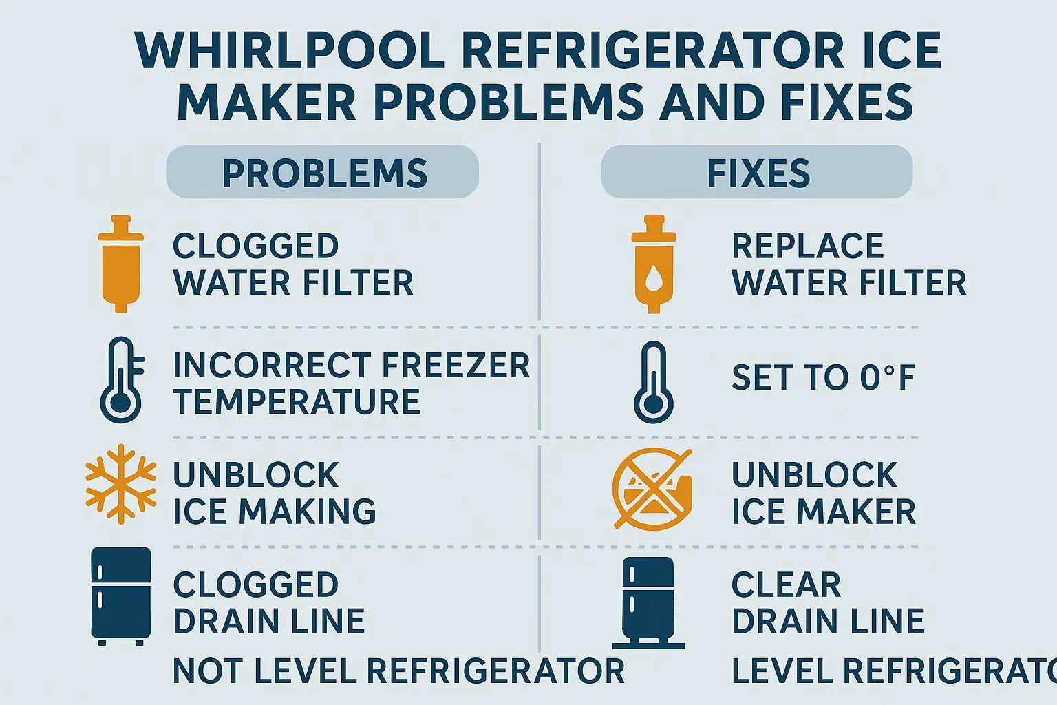 Infographic comparing Whirlpool refrigerator ice maker problems and matching fixes with icons for water filter, freezer temp, drain line, etc