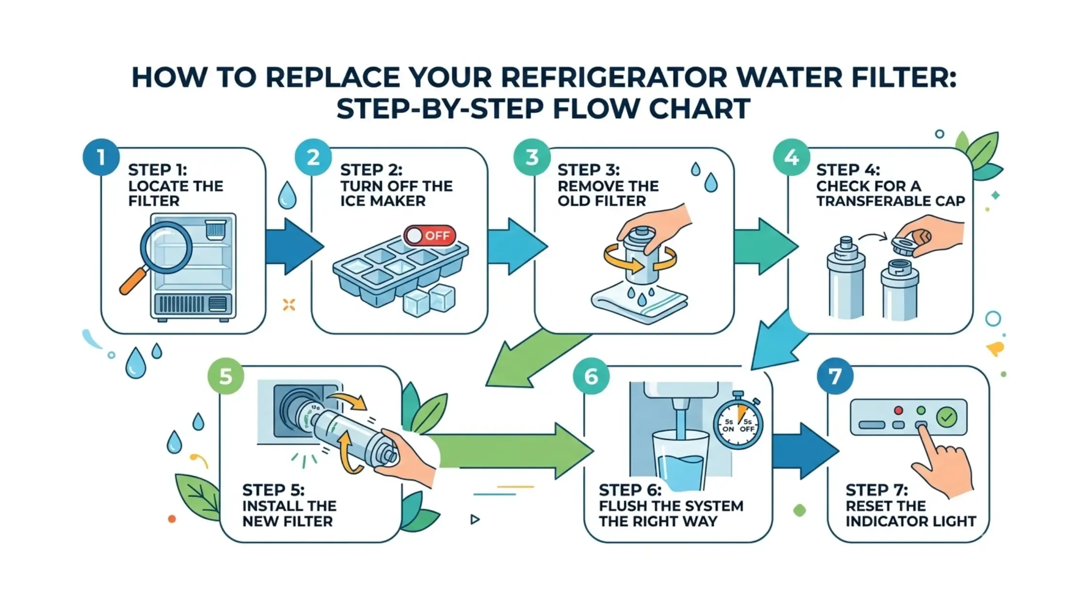 Infographics of Step-by-Step guide of refrigerator water filter replacement