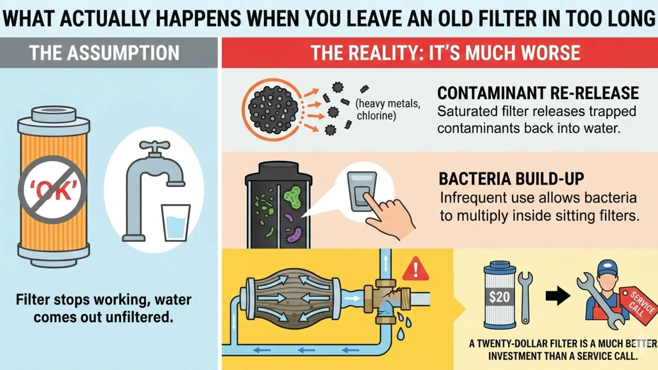 Infographics of old fridge water filter disadvantage