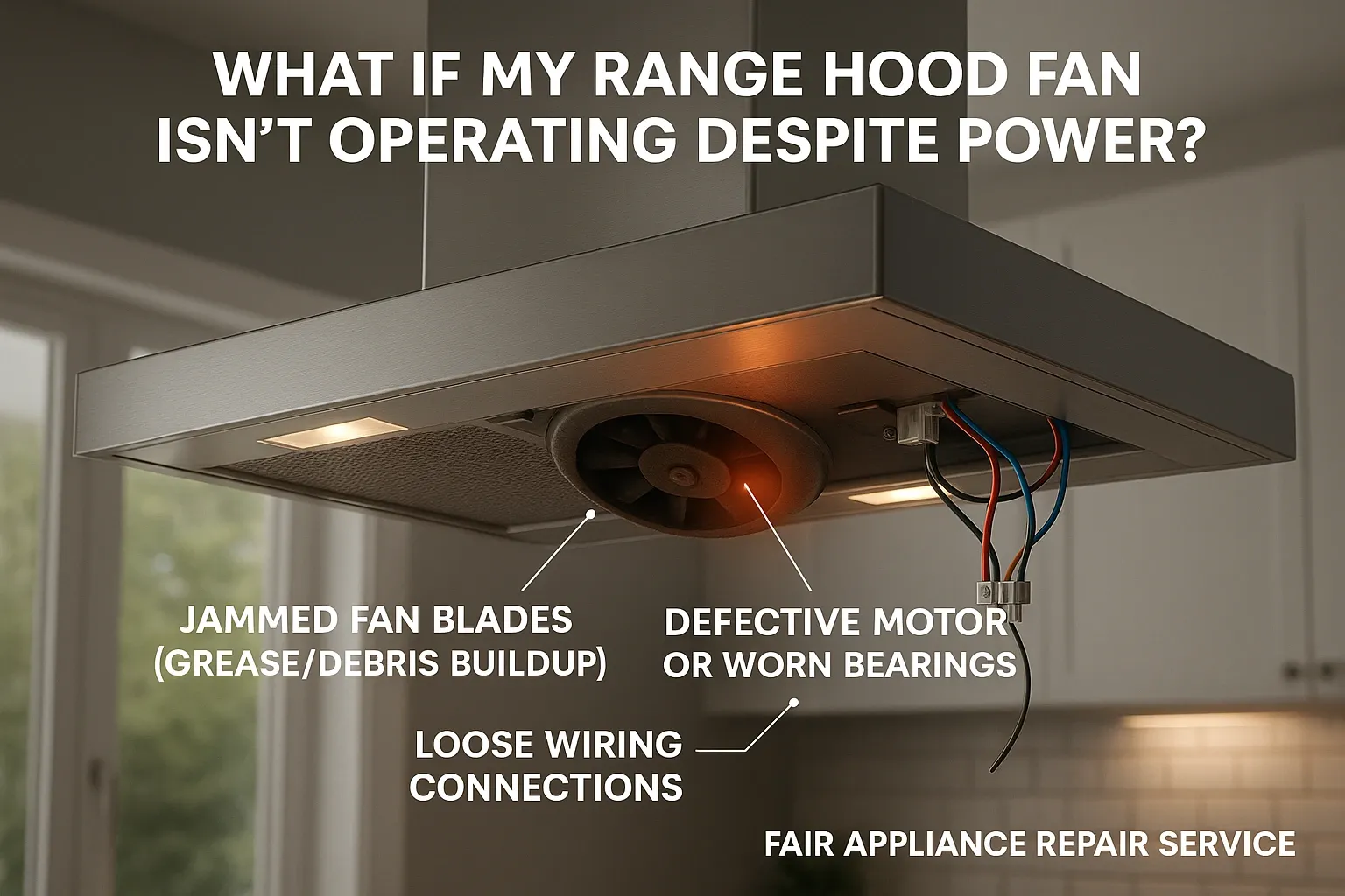 Inspecting range hood fan and motor for jammed blades and wiring issues before repair