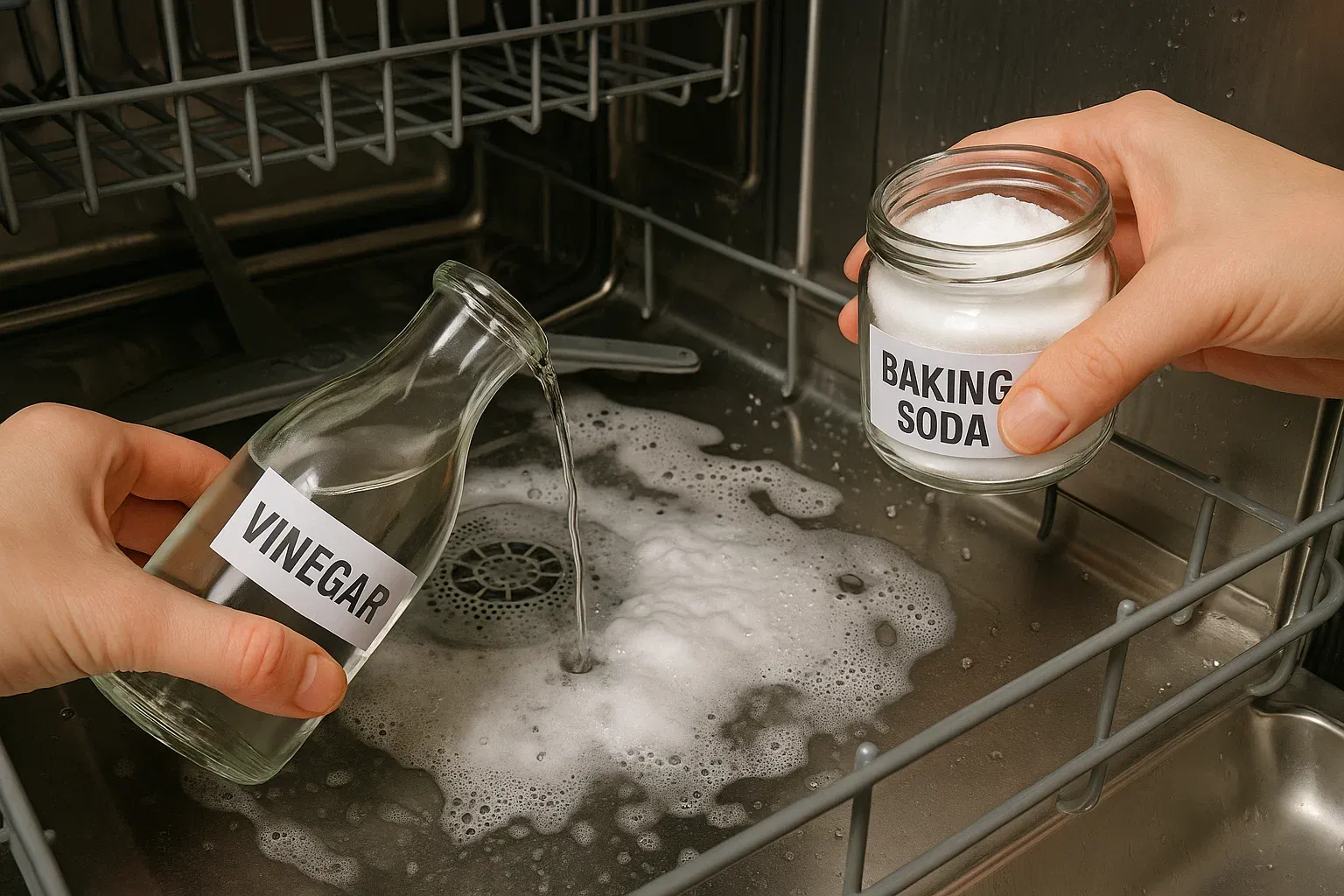 Natural dishwasher cleaning with vinegar and baking soda.