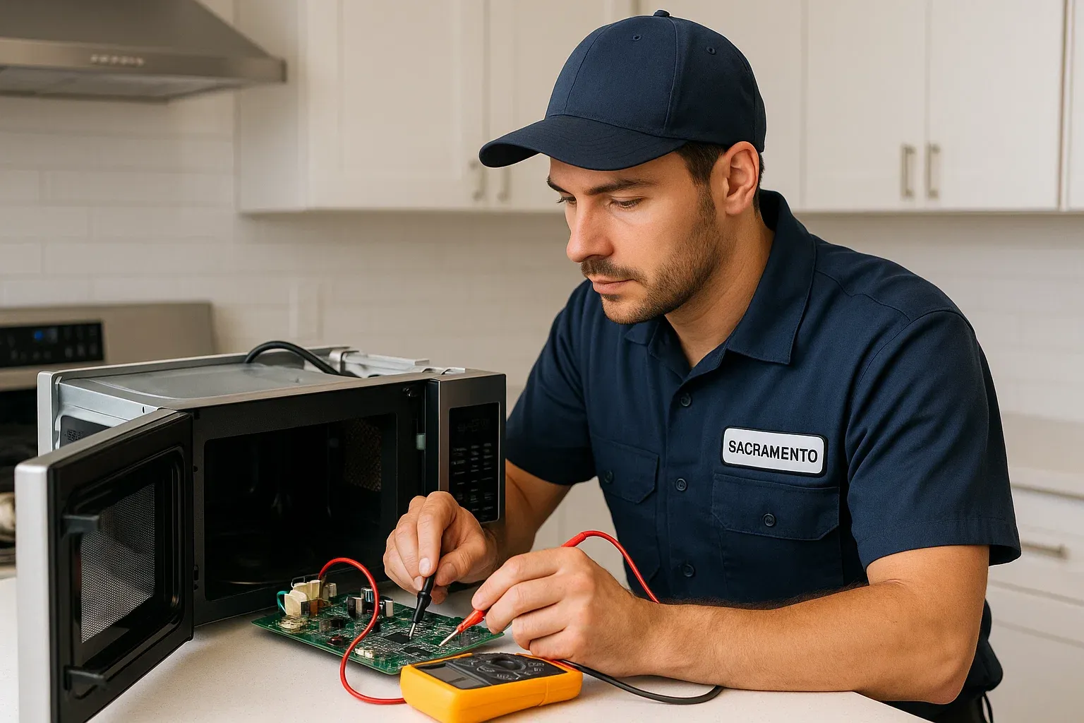 Professional technician diagnosing a microwave circuit issue in Sacramento.