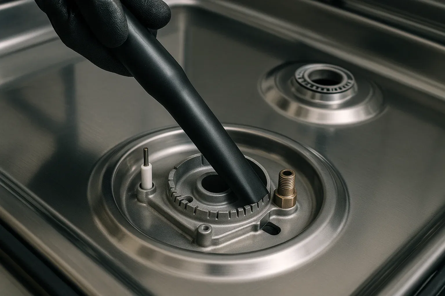 Removing rust and debris from gas stove burner assembly.