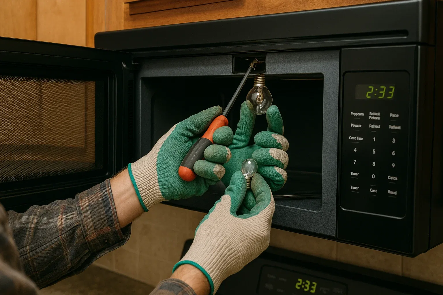 Sacramento homeowner performing DIY microwave light bulb replacement.