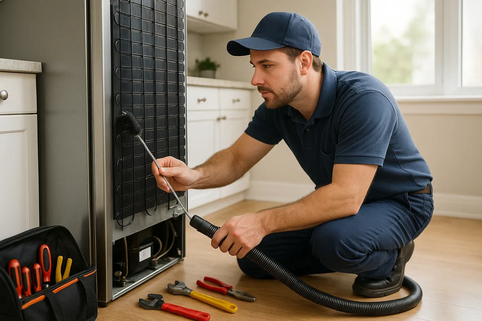 Technician cleaning refrigerator condenser coils with brush and vacuum in a Sacramento kitchen.  Drag