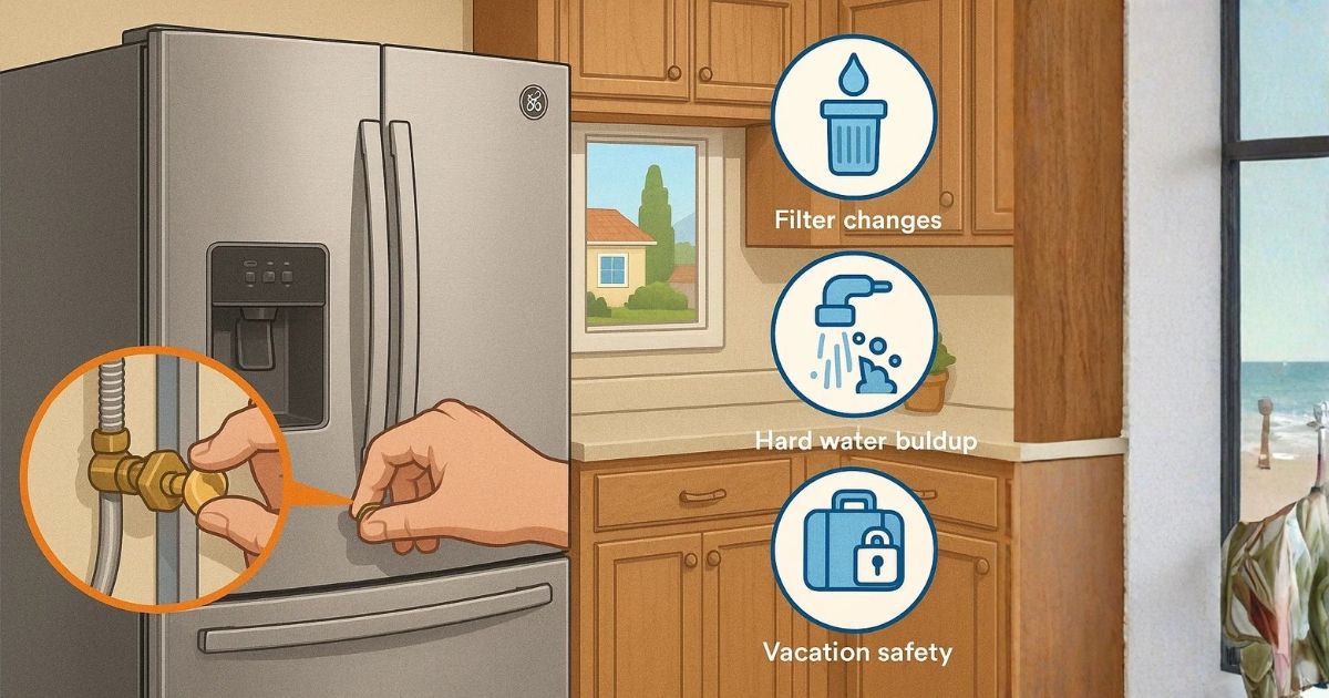 A Banner that shows turn off refrigerator water supply valve steps.