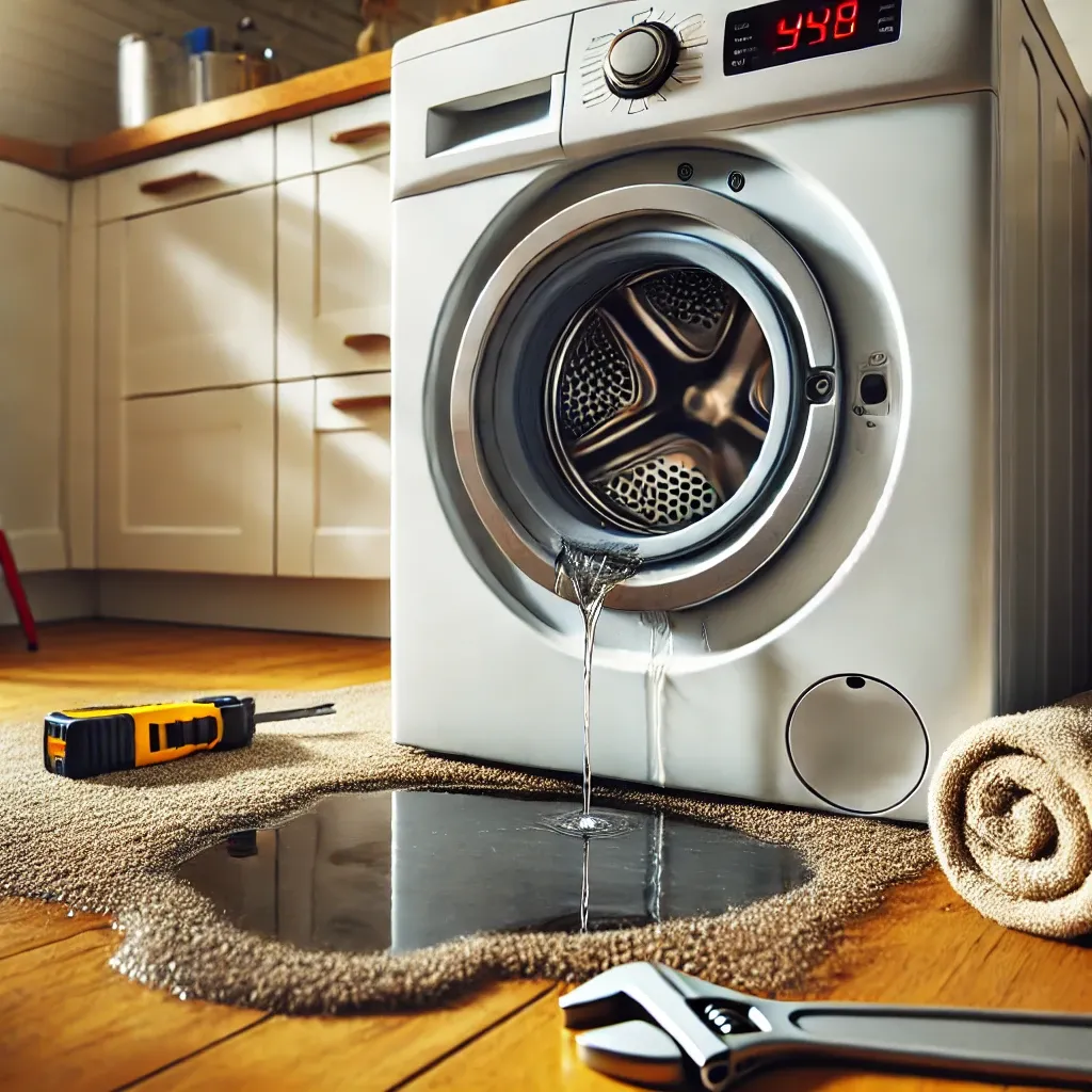 Washing machine leaking water with tools nearby during repair