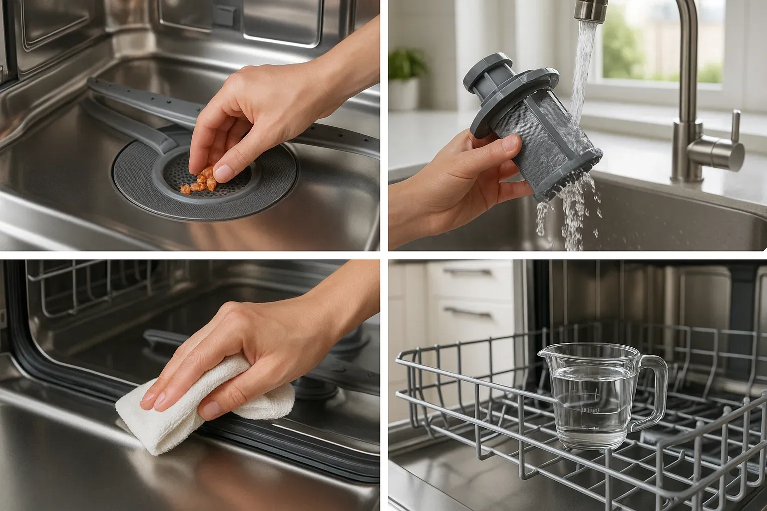 Regular dishwasher cleaning tips – remove food debris, clean filter, wipe seals and spray arms, vinegar rinse for hard water buildup Sacramento