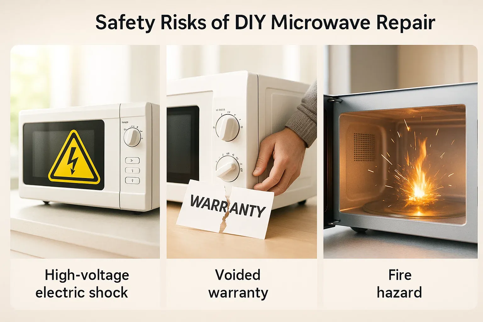Safety risks of DIY microwave repair – electric shock, voided warranty, and fire hazards from mishandling parts