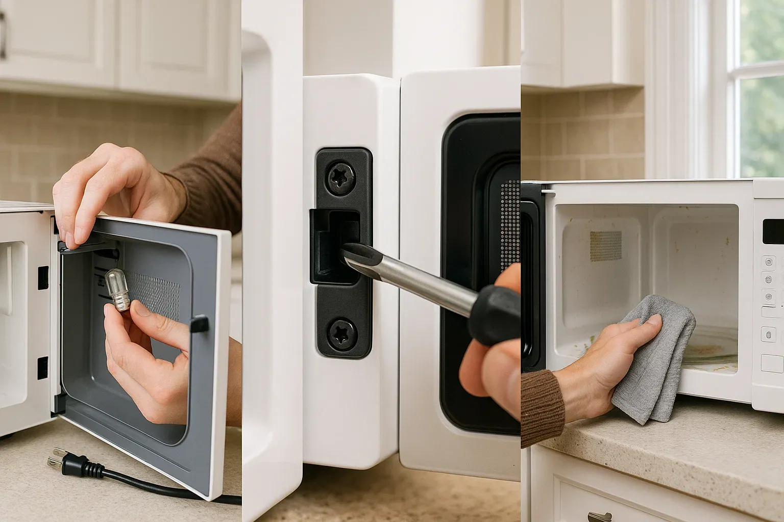 DIY microwave repair Sacramento – light bulb replacement, tightening loose door latch, and cleaning sparks with vinegar solution