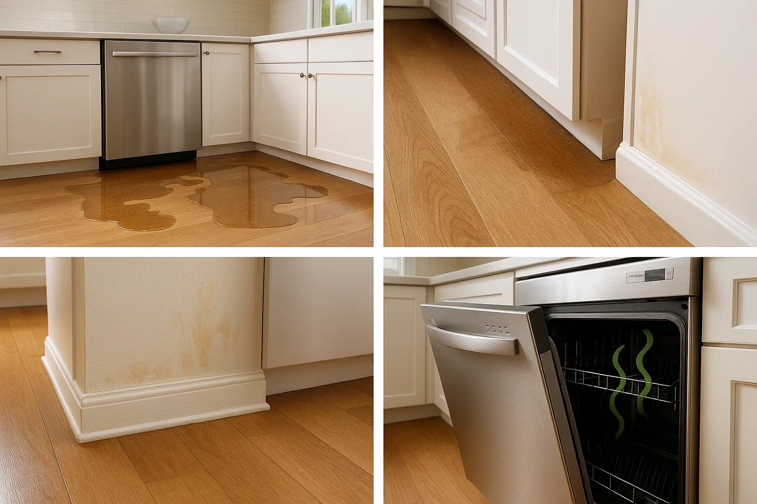 Identifying dishwasher leaks Sacramento – puddles on floor, damp flooring, water stains on cabinets, mold odor near dishwasher