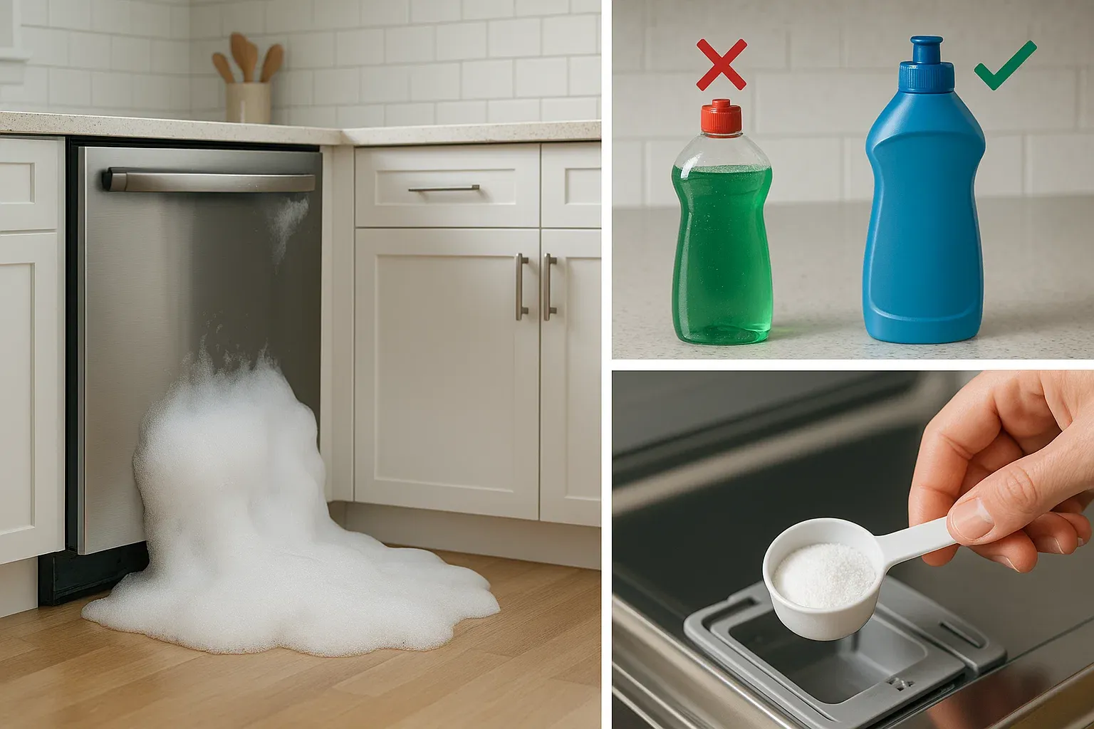 Dishwasher leak Sacramento – excessive suds from wrong detergent use and proper dishwasher detergent solution