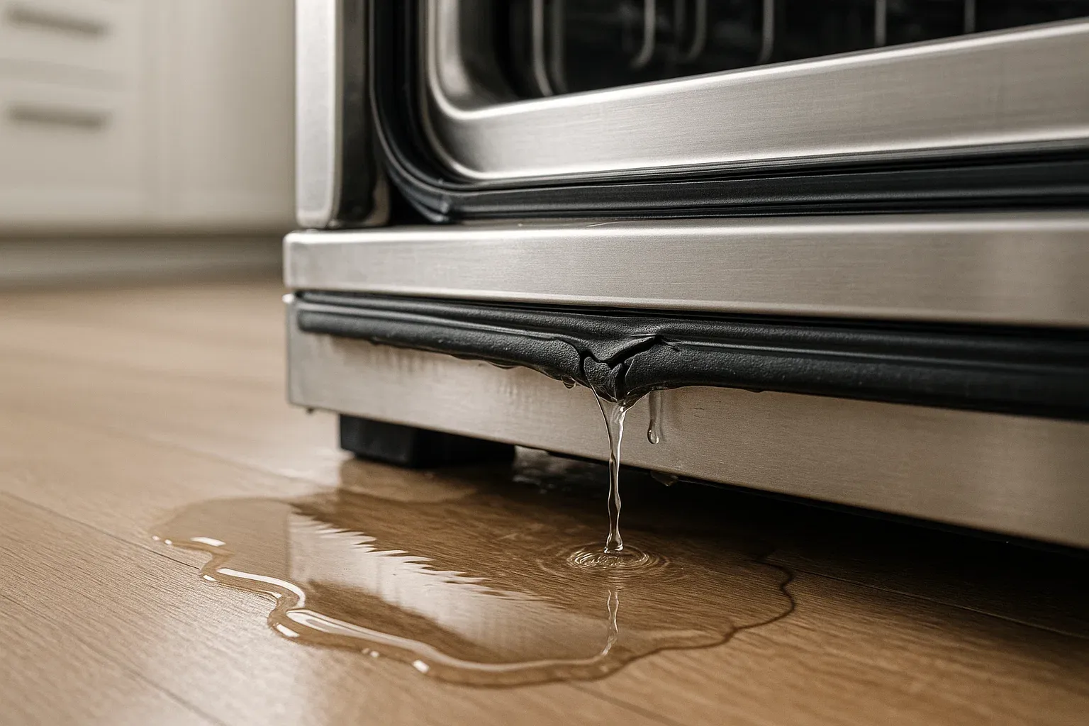 Dishwasher leaking water from the bottom due to a faulty door gasket or worn seal.