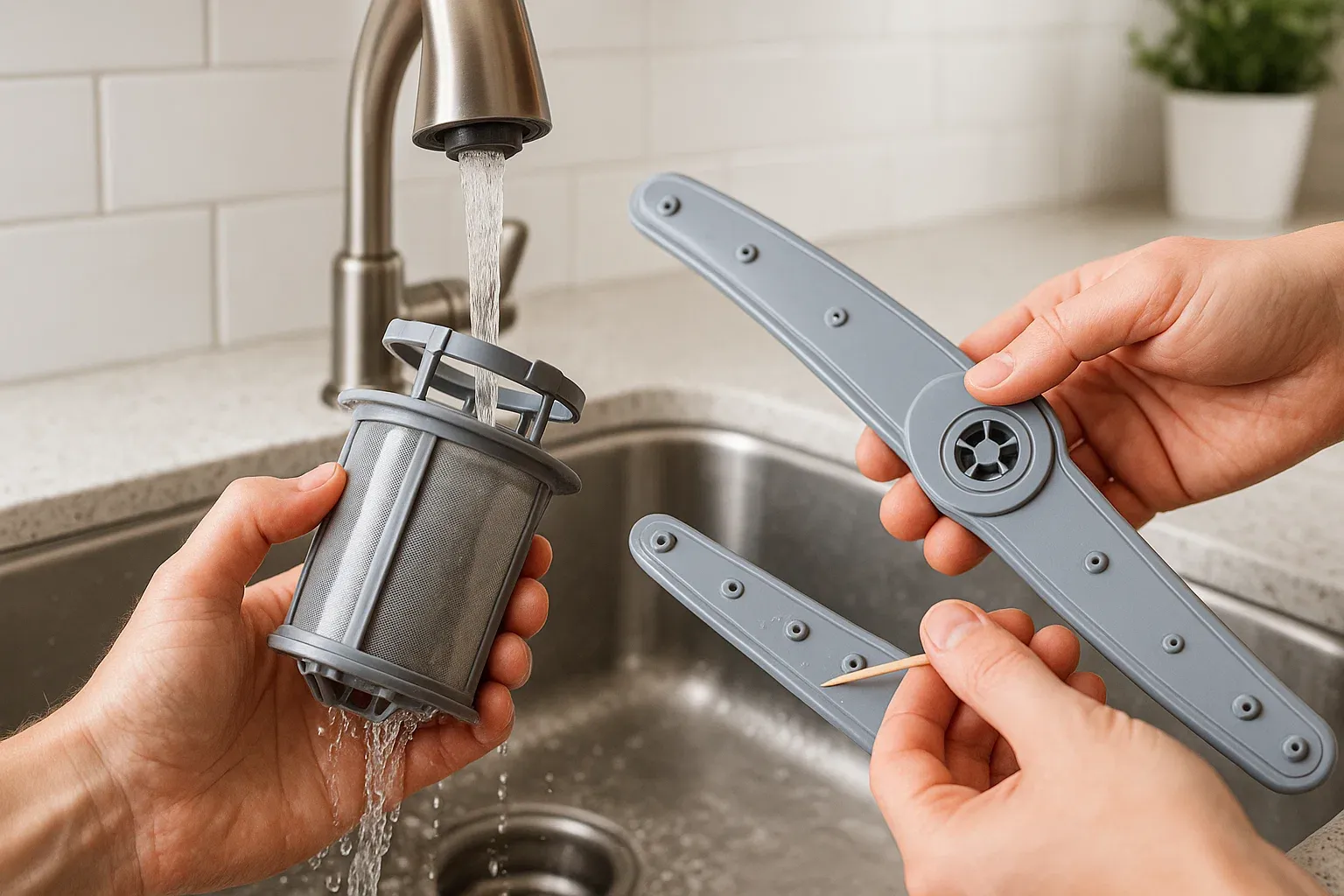 Cleaning a dishwasher filter and unclogging spray arms with a brush to prevent leaks and improve performance.