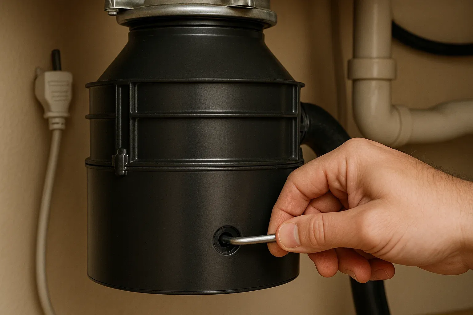 Fixing a humming garbage disposal by using a hex wrench to rotate the jammed flywheel manually.