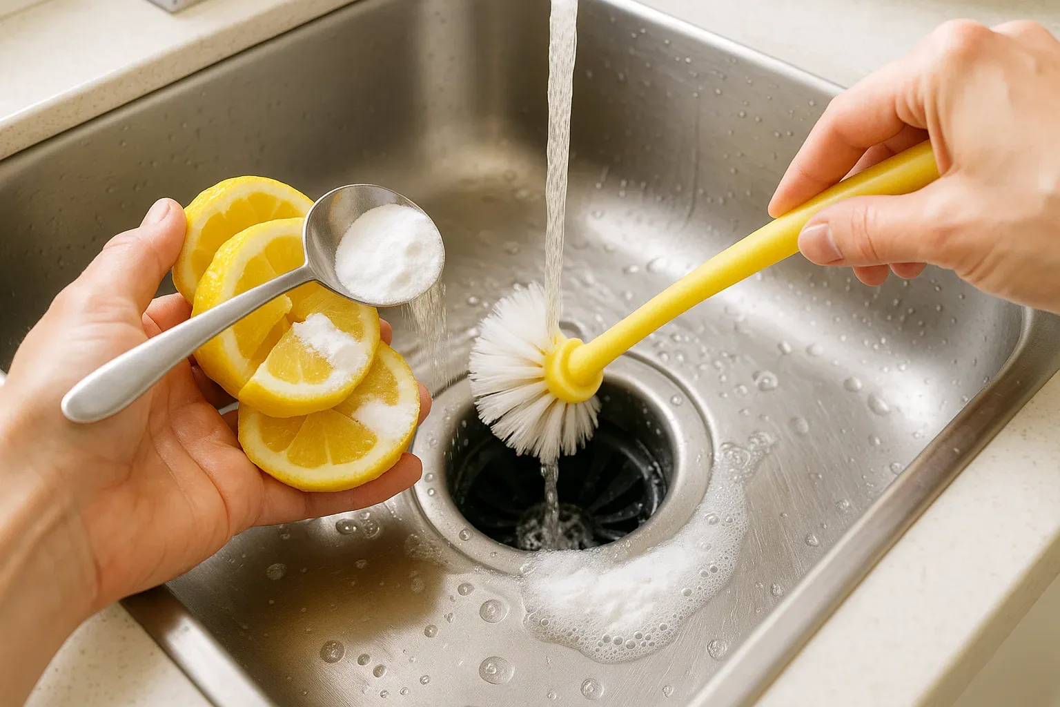 Cleaning a smelly garbage disposal with lemon peels, baking soda, vinegar, and a brush to remove odors.