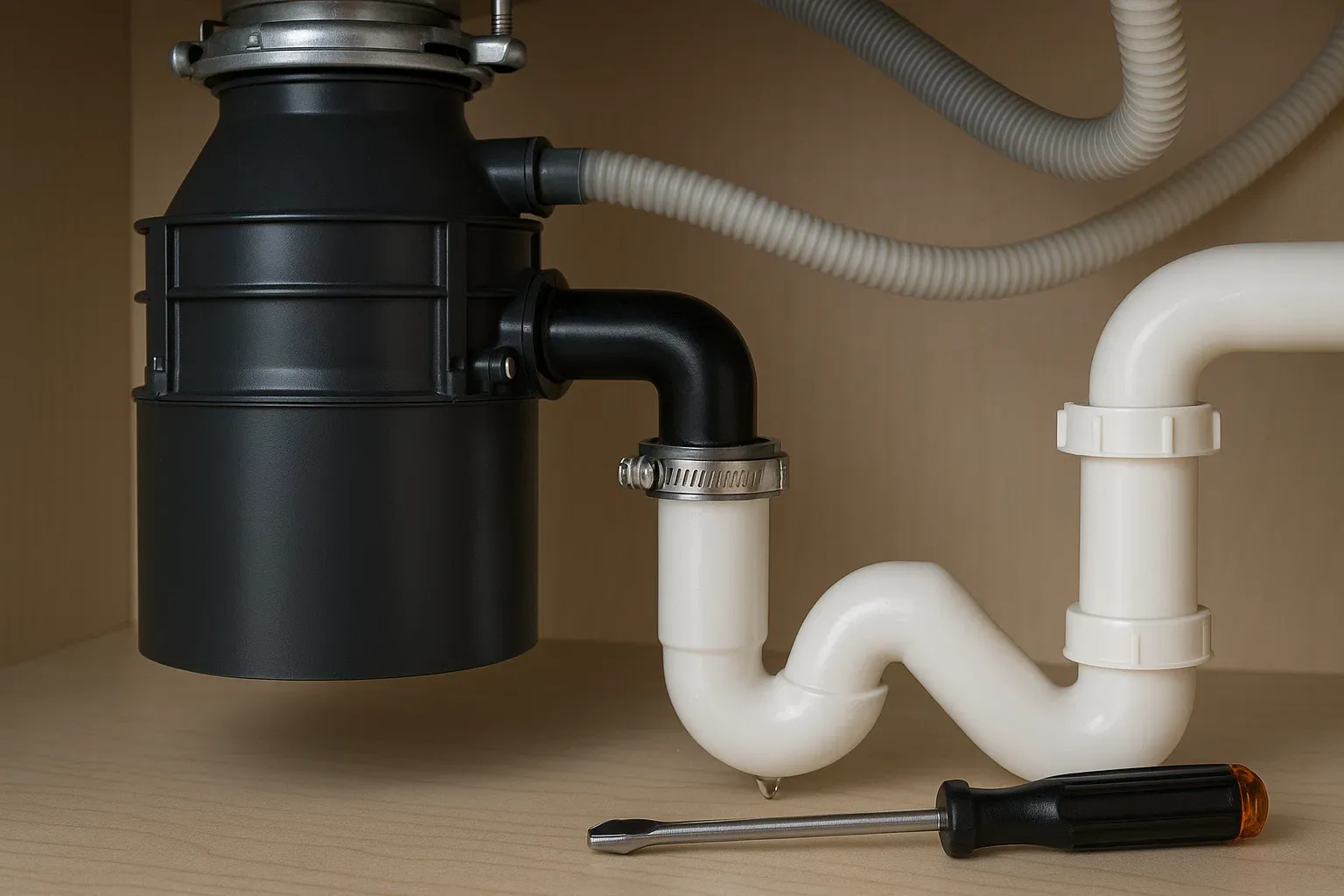 Loose garbage disposal hose connection causing leak near clamp – Sacramento appliance repair