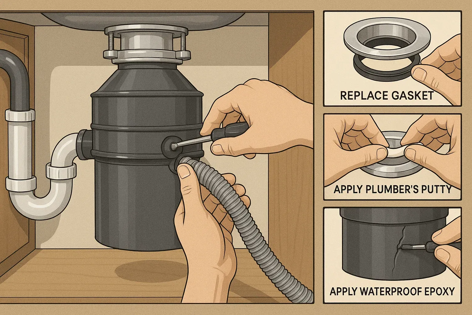 DIY garbage disposal leak fixes – tightening connections, replacing gaskets, resealing sink flange, and applying epoxy