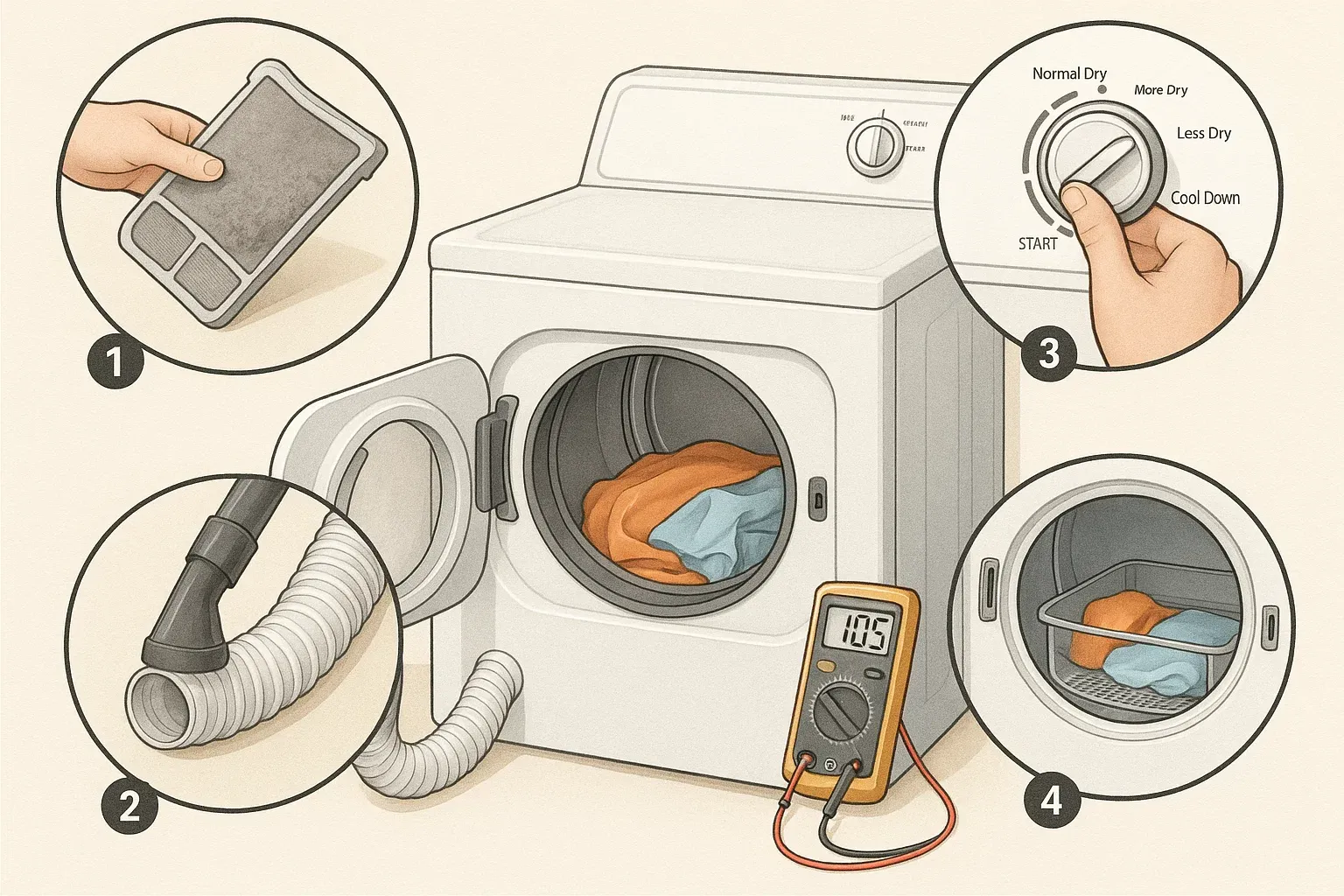 DIY dryer troubleshooting guide – clean lint screen, check vent, adjust settings, test heating element, reduce load