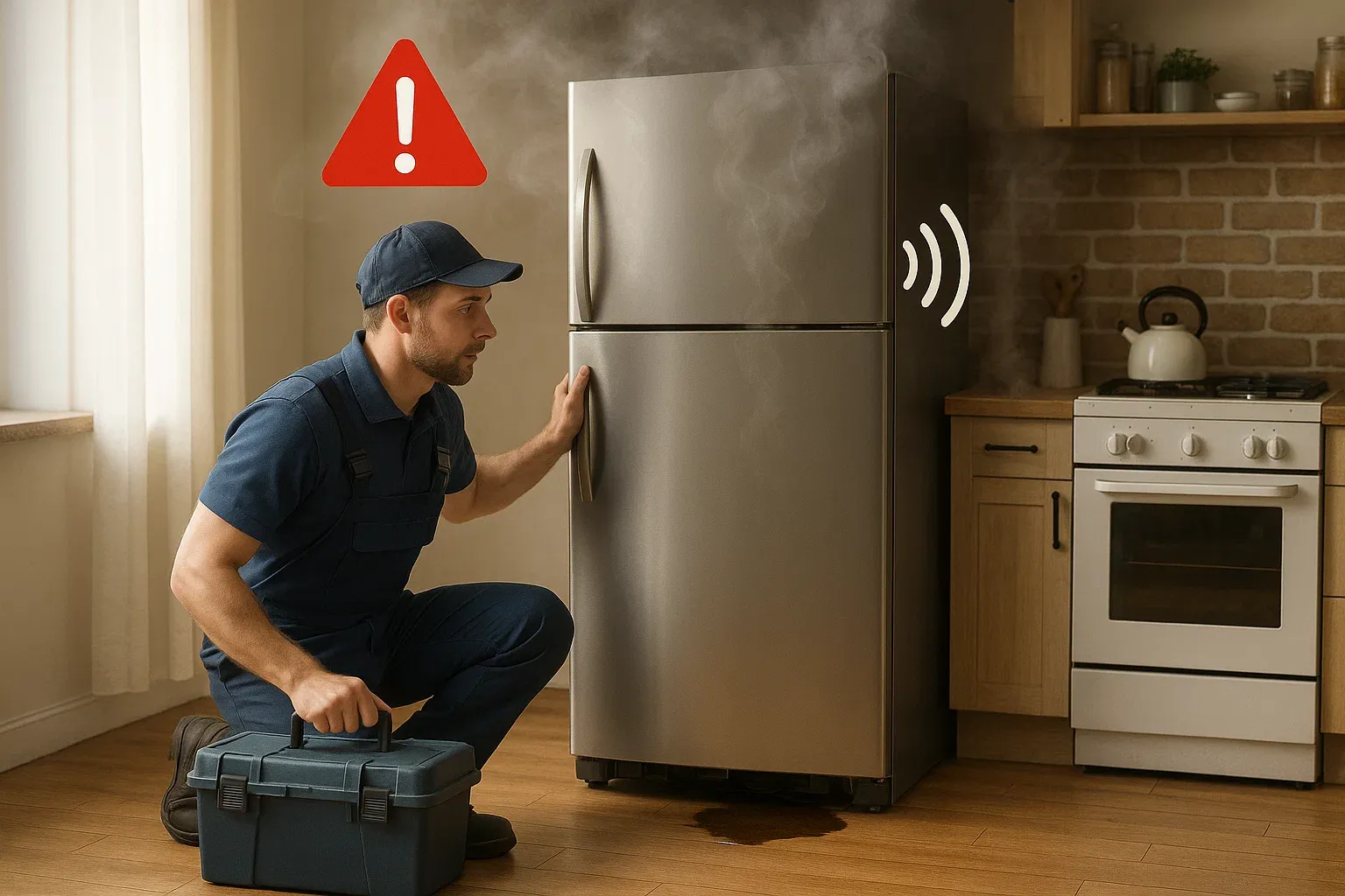 Refrigerator loud banging noise with oil leak and burning smell – call Sacramento fridge repair technician