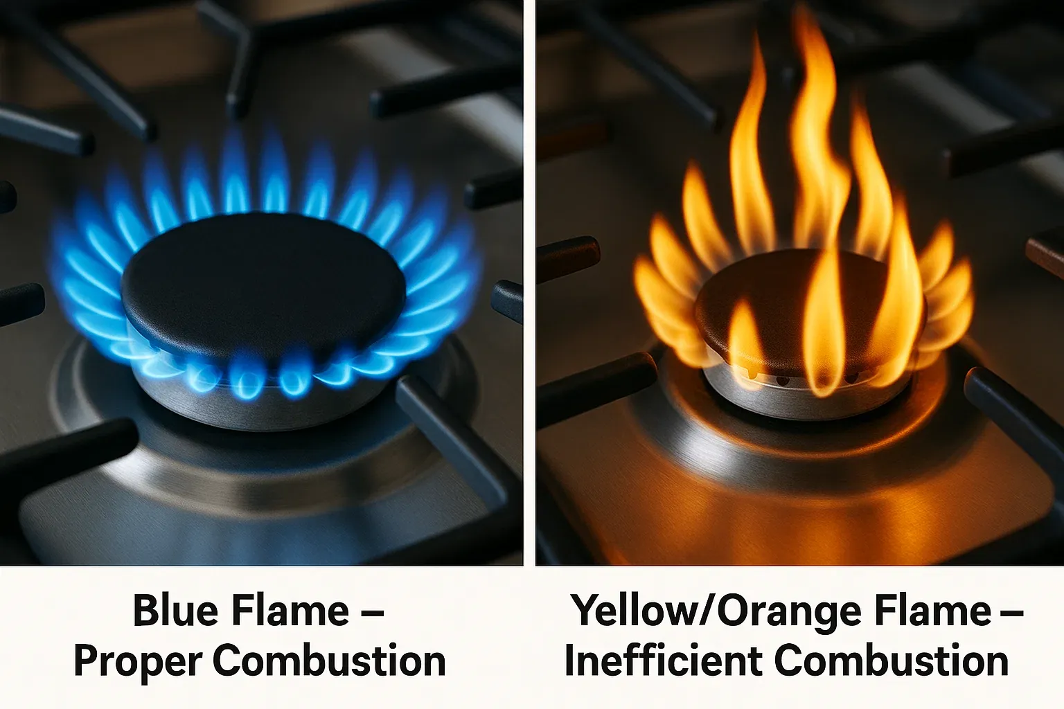 Gas cooktop burner flames comparison – blue flame proper combustion vs yellow orange flame inefficient combustion