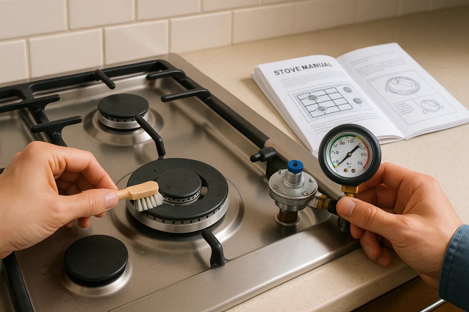 Cooktop maintenance – cleaning burner heads, checking gas regulator, and following user manual for safe stove use