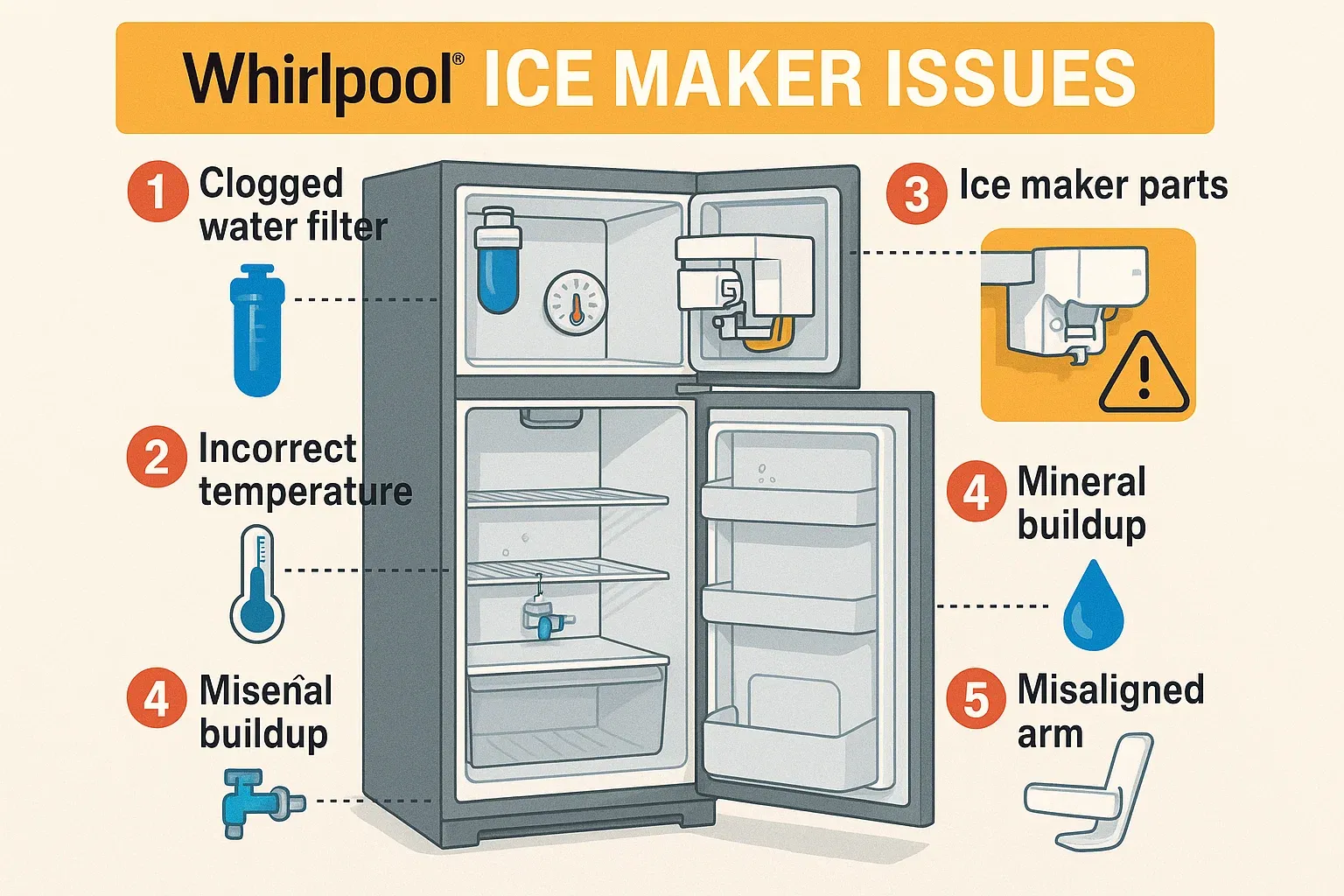 Whirlpool refrigerator not making ice – clogged filter, freezer temperature issue, faulty ice maker parts, clogged water valve, and dispenser assembly problems