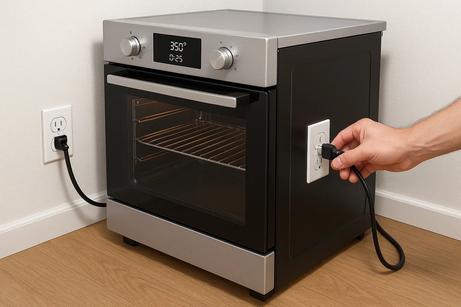 Checking electric oven power cord connection in Sacramento home – basic troubleshooting for oven not heating