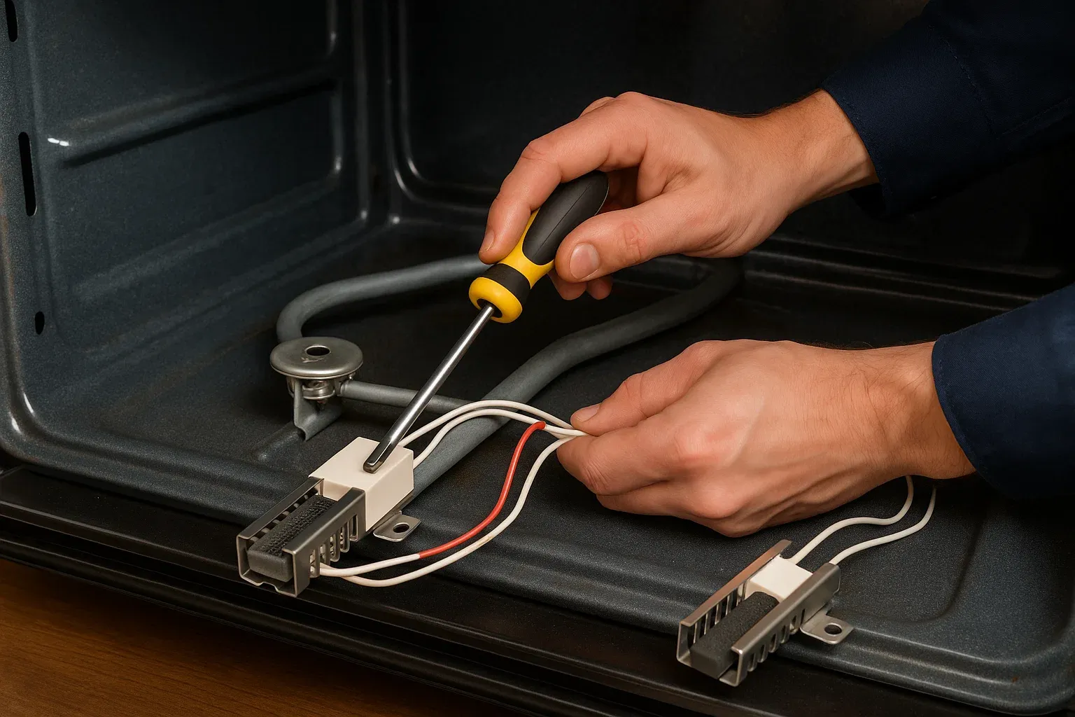 Installing new gas oven igniter correctly – technician securing connections and positioning part in Sacramento kitchen