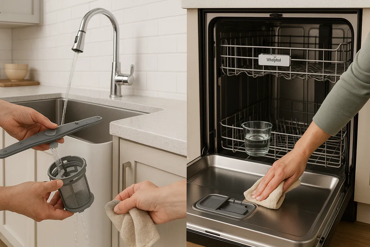 DIY Whirlpool dishwasher maintenance – cleaning filter, wiping door seals, running vinegar cycle in Sacramento kitchen