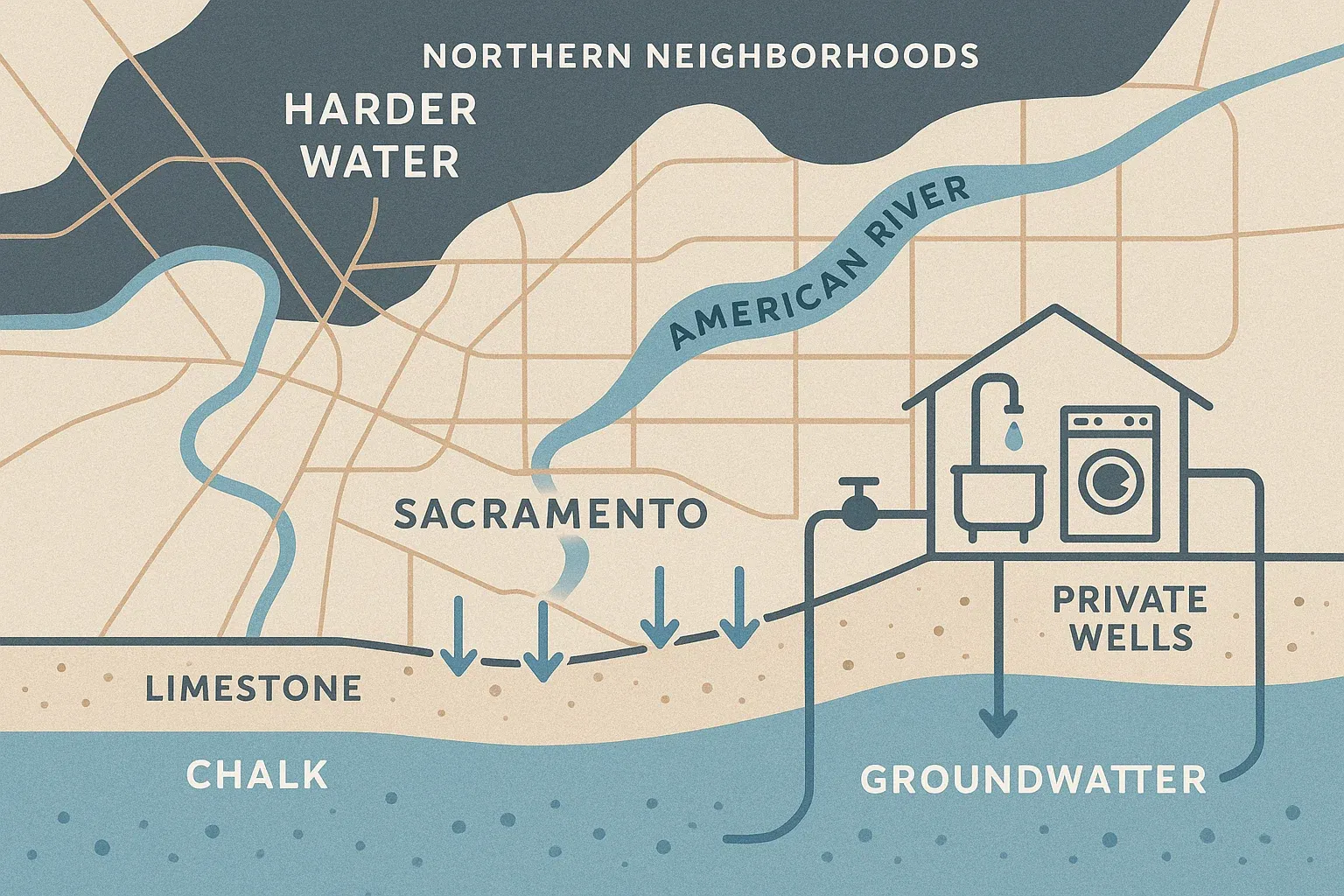 Sources of hard water in Sacramento – city water, private wells, and groundwater contributing to high mineral levels