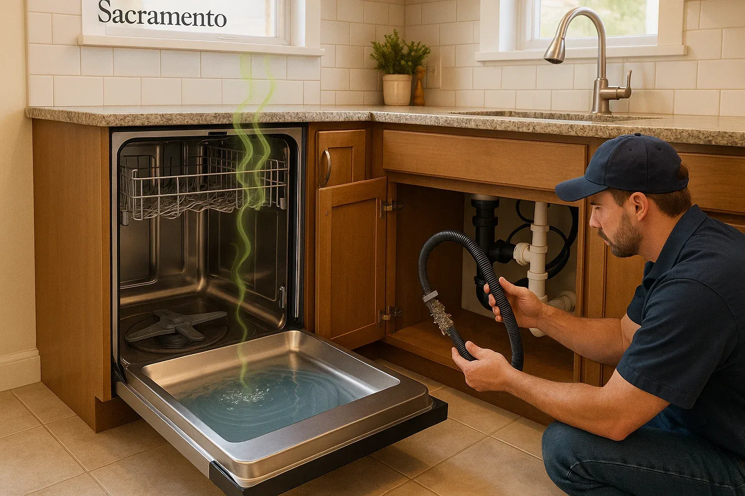 Clogged dishwasher drain hose causing standing water and odor in Sacramento home – technician inspecting connection