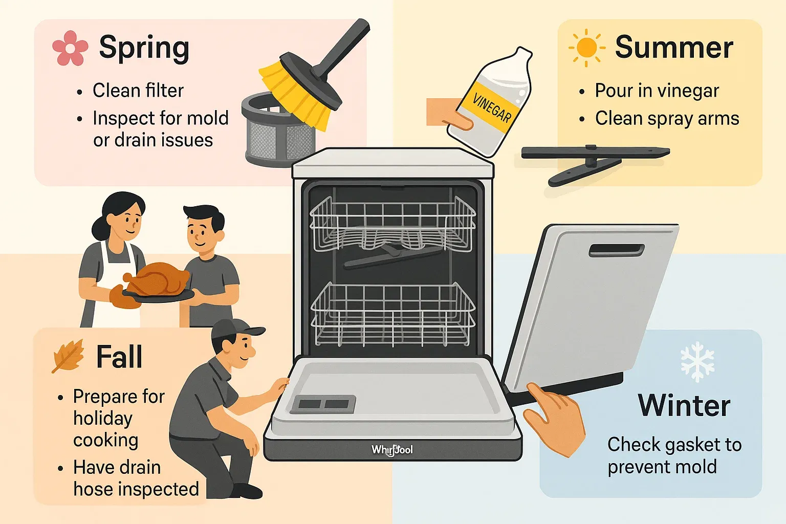 Seasonal dishwasher cleaning schedule – spring deep clean, summer vinegar cycles, fall drain hose inspection, winter gasket check in Sacramento homes