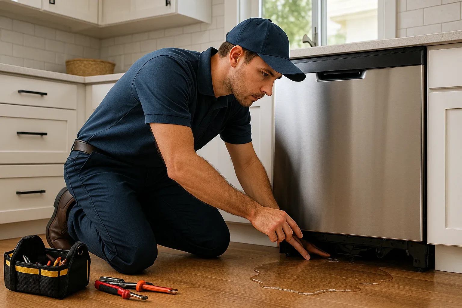 Dishwasher leaking from bottom due to faulty pump housing and seals – Sacramento appliance repair service