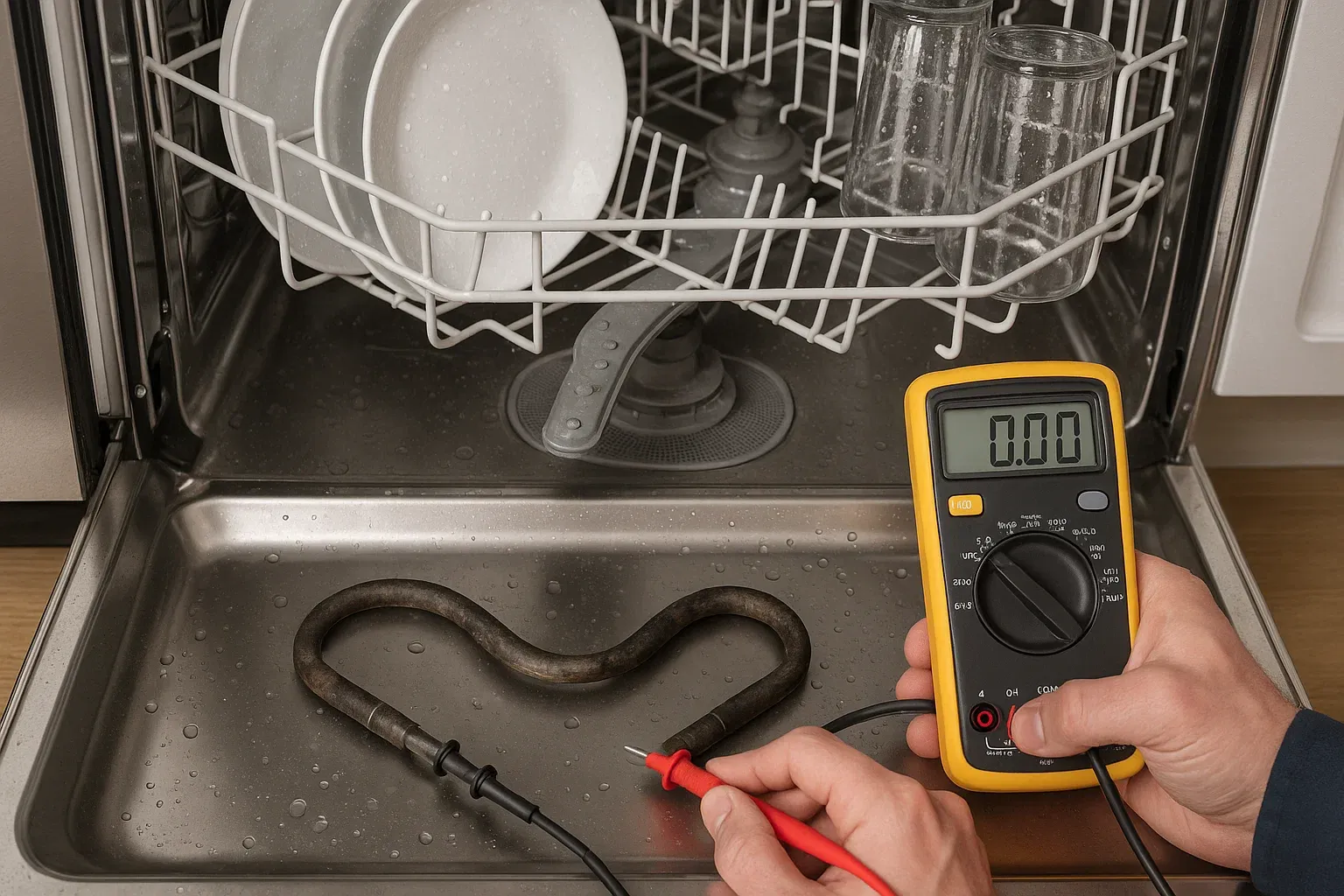 Dishwasher heating element failure – technician testing bottom heating coil after dishes come out wet in Sacramento home