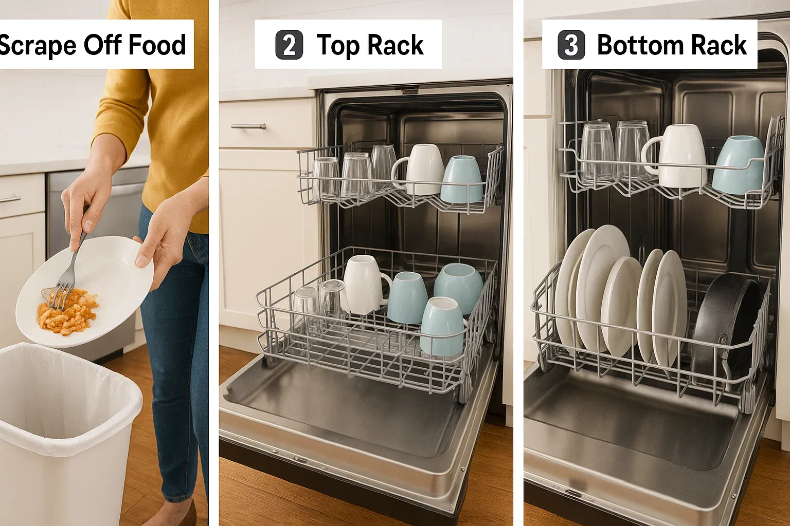 Step-by-step dishwasher loading guide – scrape food, load glasses on top rack, plates and pans on bottom rack in Sacramento kitchen
