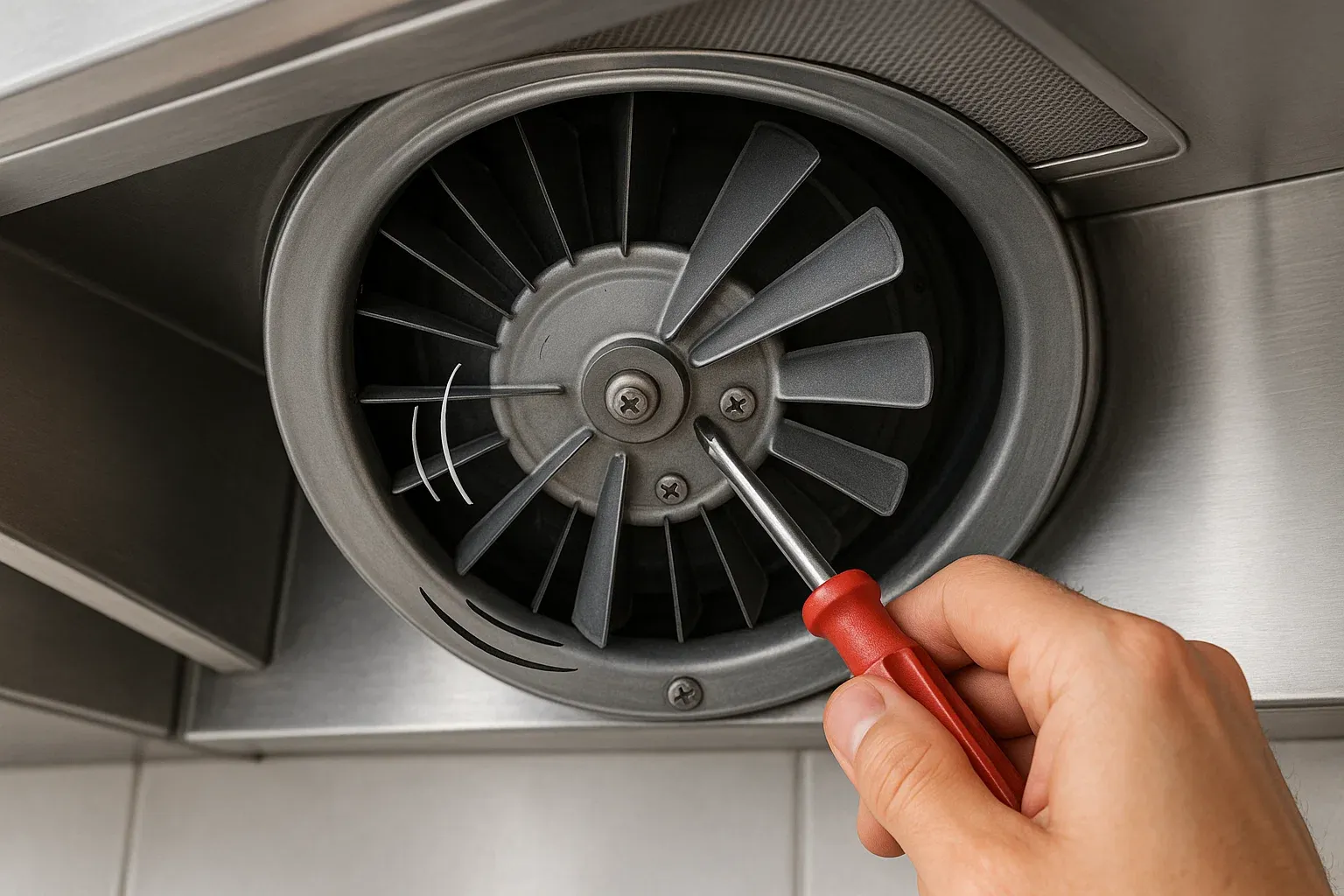 Loose range hood fan blades causing vibration – technician tightening screws inside Sacramento kitchen hood